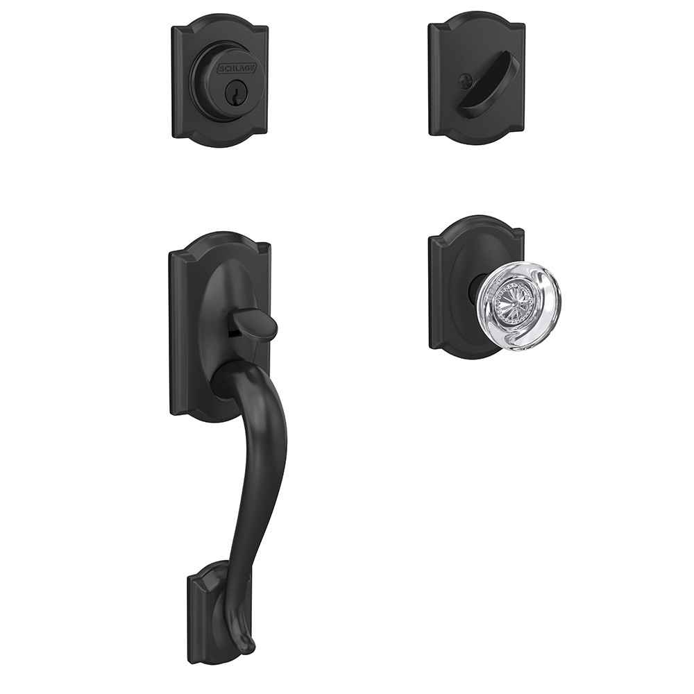 Schlage Custom Camelot Single Cylinder Handleset and Interior Hobson Glass Knob with Camelot Trim
