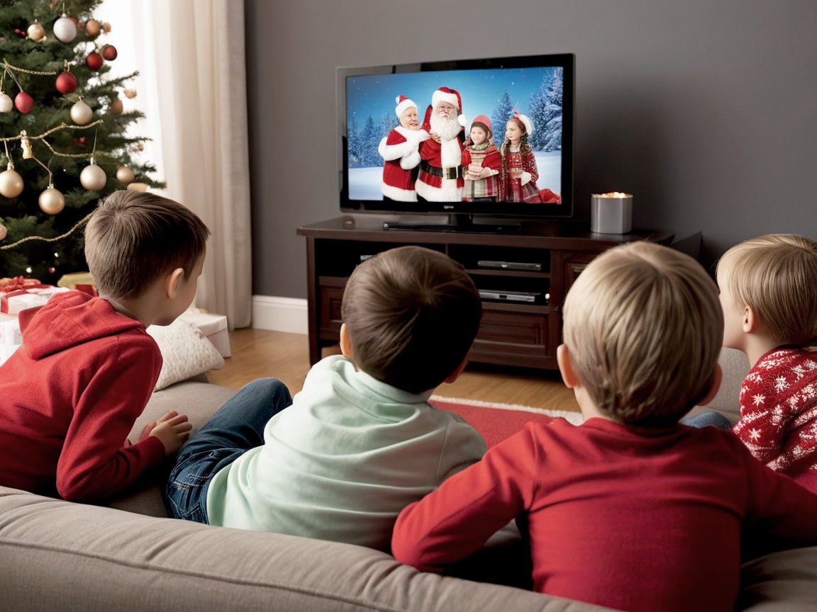 Group of children watching a Christmas movie in front of a Christmas tree.