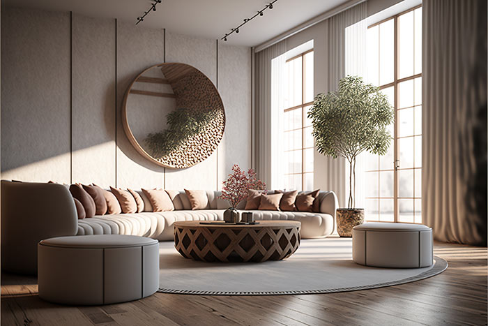  a living room with a round couch and a round coffee table in the middle of the room with a round mirror on the wall above it and a round ottoman in the middle of the.  