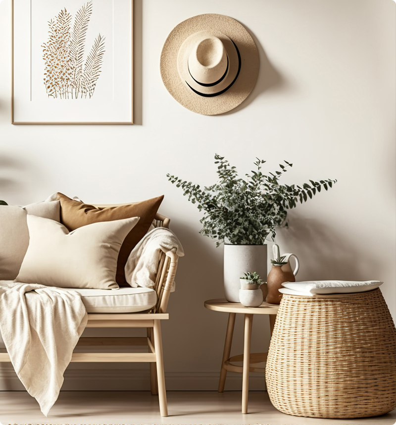 living room with natural materials