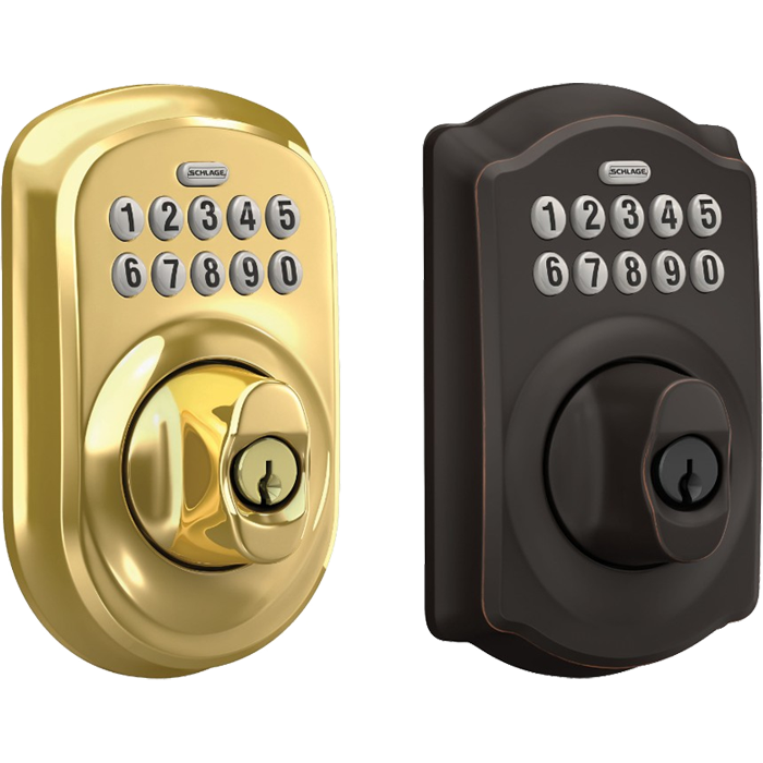 Keypad deadbolt in bright brass with Plymouth trim, and keypad deadbolt in aged bronze with Camelot trim. 