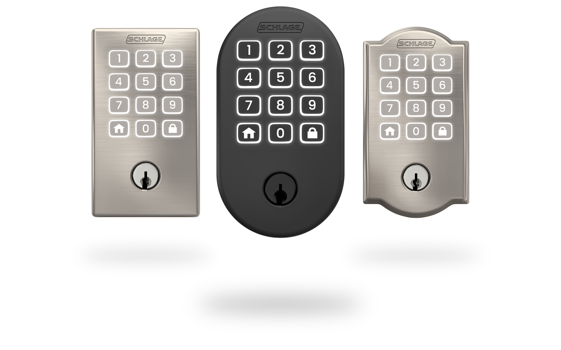 Three Schlage Arrive smart locks in different styles and finishes.