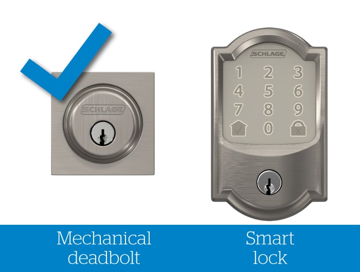 Schlage mechanical deadbolt with check mark and smart lock without blue check mark.