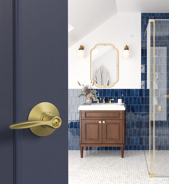 Bathroom door with satin brass lever