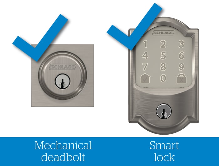 Schlage mechanical deadbolt with check mark and smart lock with blue check mark.