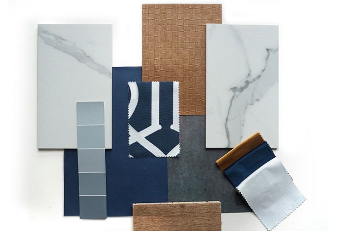 mood board with flooring, marble countertop and blue swatches