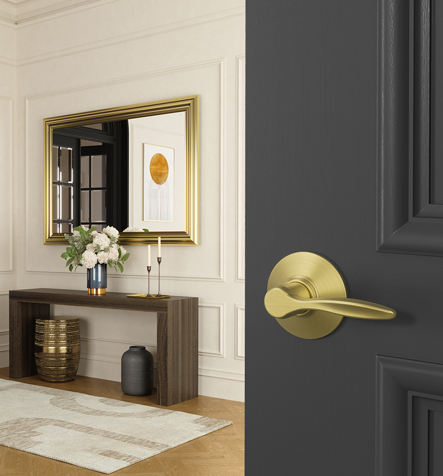 brass door lever on entrance door