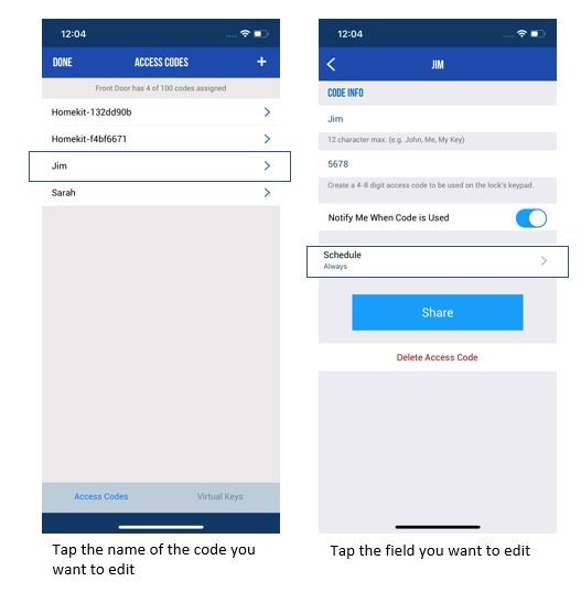 Screenshot of Schlage Home app showing the steps to change access codes