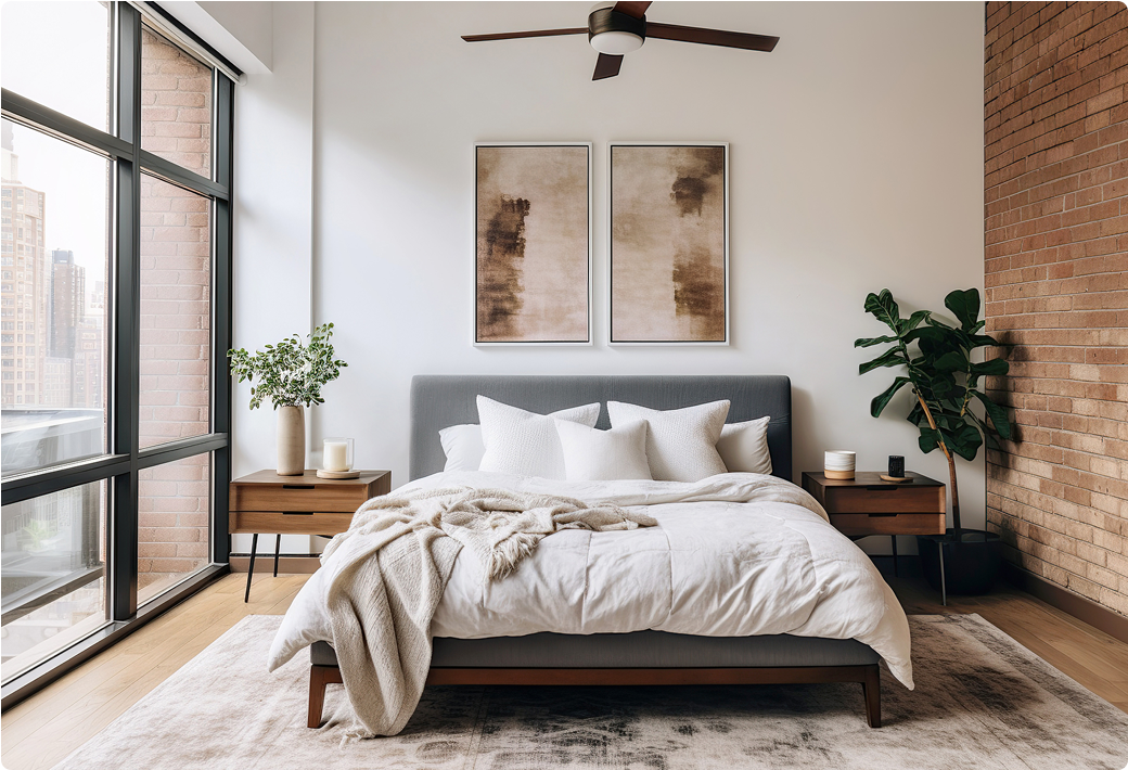 Modern bedroom with exposed brick