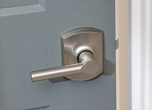 modern door lever in satin nickel